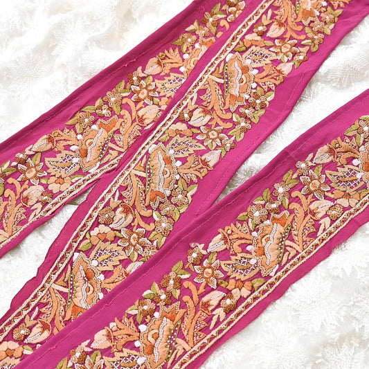 Indian Antique Vintage Real Parsi Gara Border Pink Hand Embroidered Craft Trim Lace Sewing Saree Ribbon Recycled 1yard Pure Crepe Silk