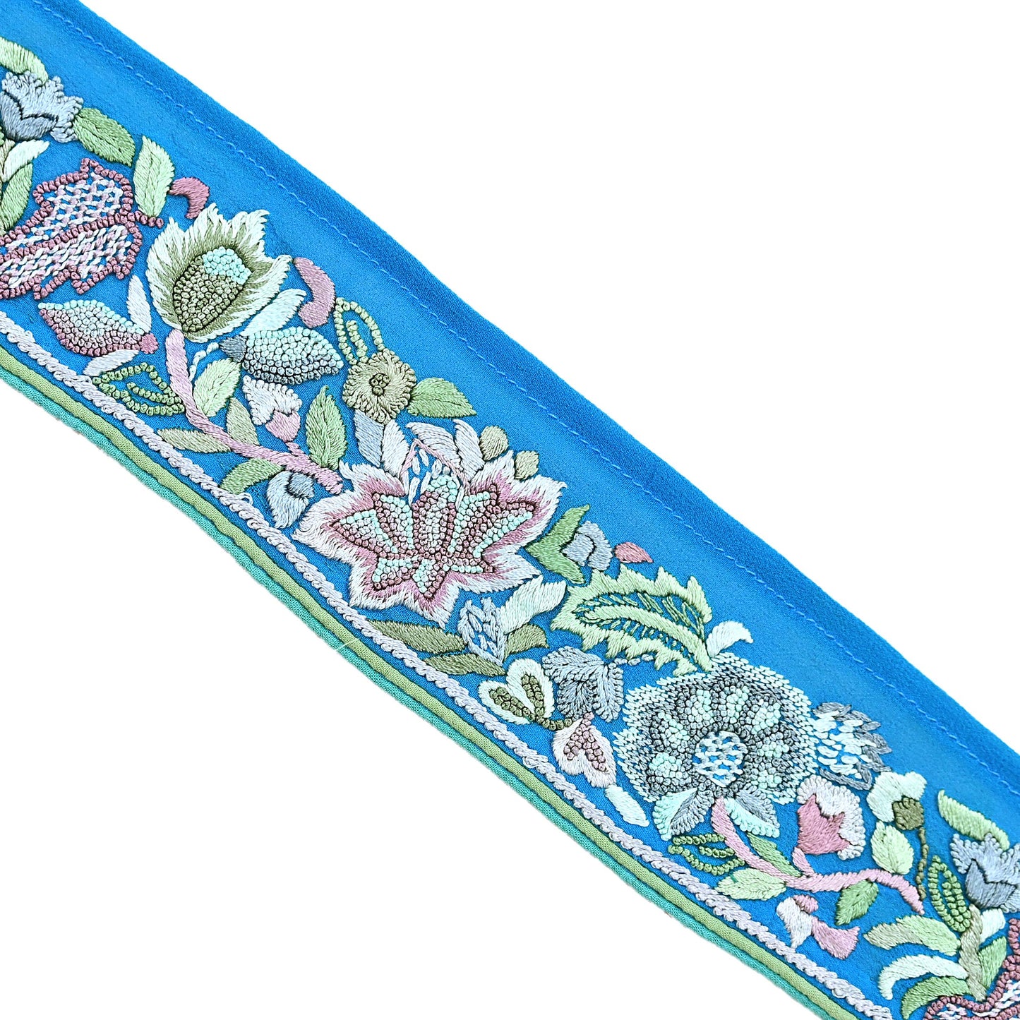 Indian Vintage Real Parsi Gara Border Turquoise Hand Embroidered Craft Trim Lace Sewing Saree Ribbon Recycled 1yard Pure Georgette Silk