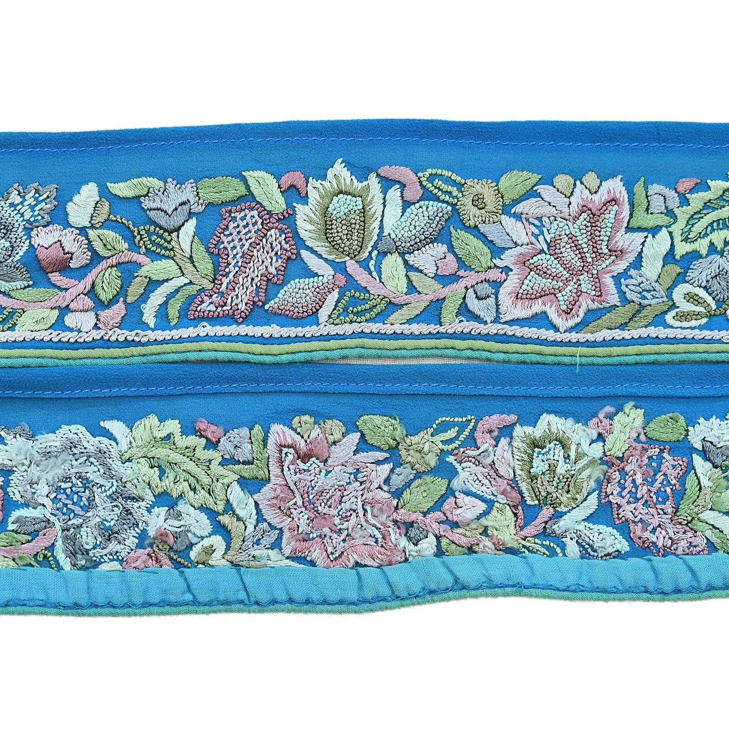 Indian Vintage Real Parsi Gara Border Turquoise Hand Embroidered Craft Trim Lace Sewing Saree Ribbon Recycled 1yard Pure Georgette Silk
