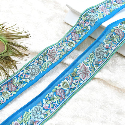 Indian Vintage Real Parsi Gara Border Turquoise Hand Embroidered Craft Trim Lace Sewing Saree Ribbon Recycled 1yard Pure Georgette Silk