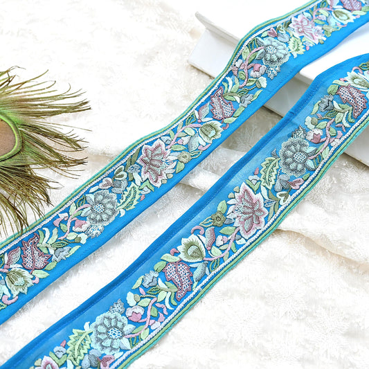 Indian Vintage Real Parsi Gara Border Turquoise Hand Embroidered Craft Trim Lace Sewing Saree Ribbon Recycled 1yard Pure Georgette Silk