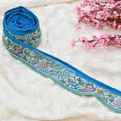 Indian Vintage Real Parsi Gara Border Turquoise Hand Embroidered Craft Trim Lace Sewing Saree Ribbon Recycled 1yard Pure Georgette Silk
