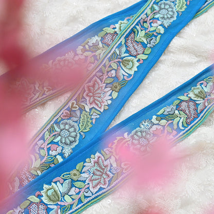 Indian Vintage Real Parsi Gara Border Turquoise Hand Embroidered Craft Trim Lace Sewing Saree Ribbon Recycled 1yard Pure Georgette Silk