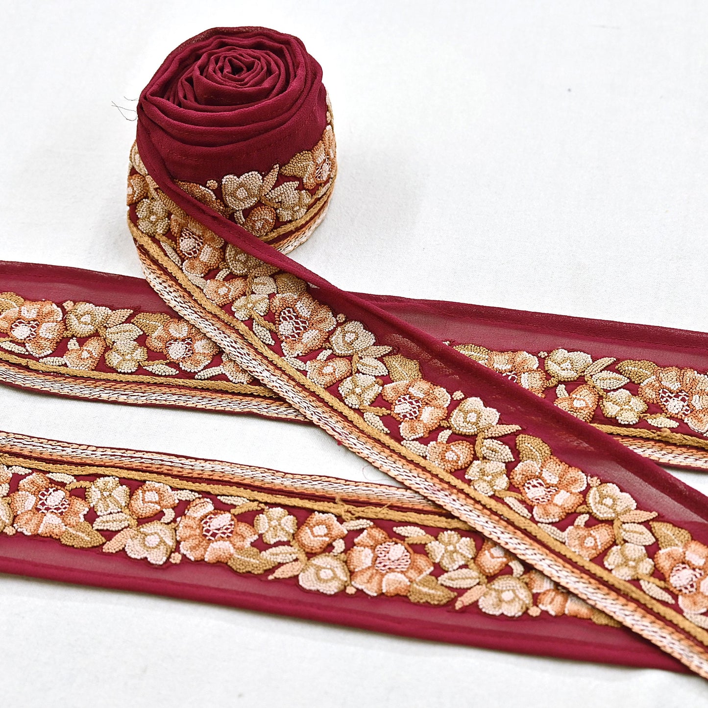 Indian Vintage Real Parsi Gara Border Maroon Hand Embroidered Craft Trim Lace Sewing Saree Ribbon Recycled 1yard Pure Georgette Silk