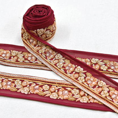 Indian Vintage Real Parsi Gara Border Maroon Hand Embroidered Craft Trim Lace Sewing Saree Ribbon Recycled 1yard Pure Georgette Silk