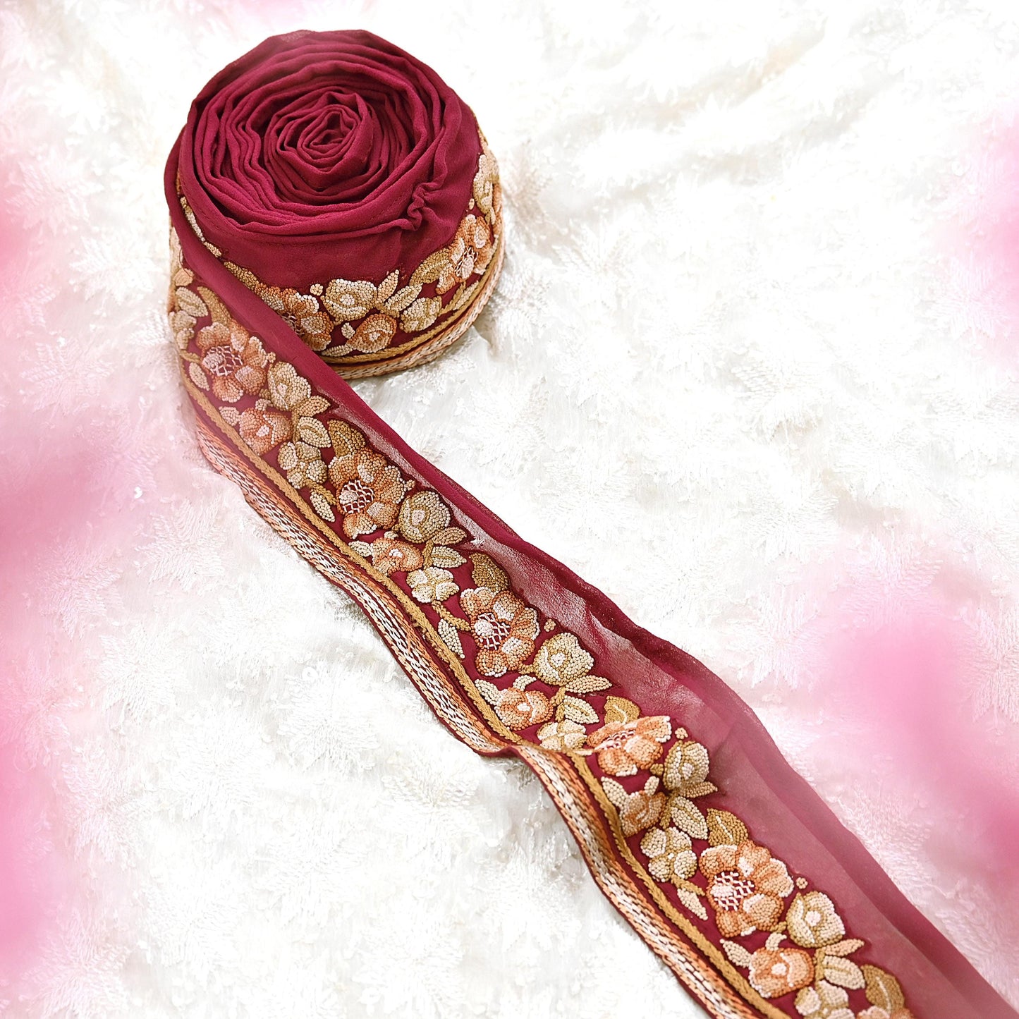 Indian Vintage Real Parsi Gara Border Maroon Hand Embroidered Craft Trim Lace Sewing Saree Ribbon Recycled 1yard Pure Georgette Silk
