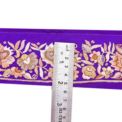 Indian Antique Vintage Real Parsi Gara Border Purple Hand Embroidered Craft Trim Lace Sewing Saree Ribbon Recycled 1yard Pure Crepe Silk