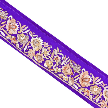 Indian Antique Vintage Real Parsi Gara Border Purple Hand Embroidered Craft Trim Lace Sewing Saree Ribbon Recycled 1yard Pure Crepe Silk