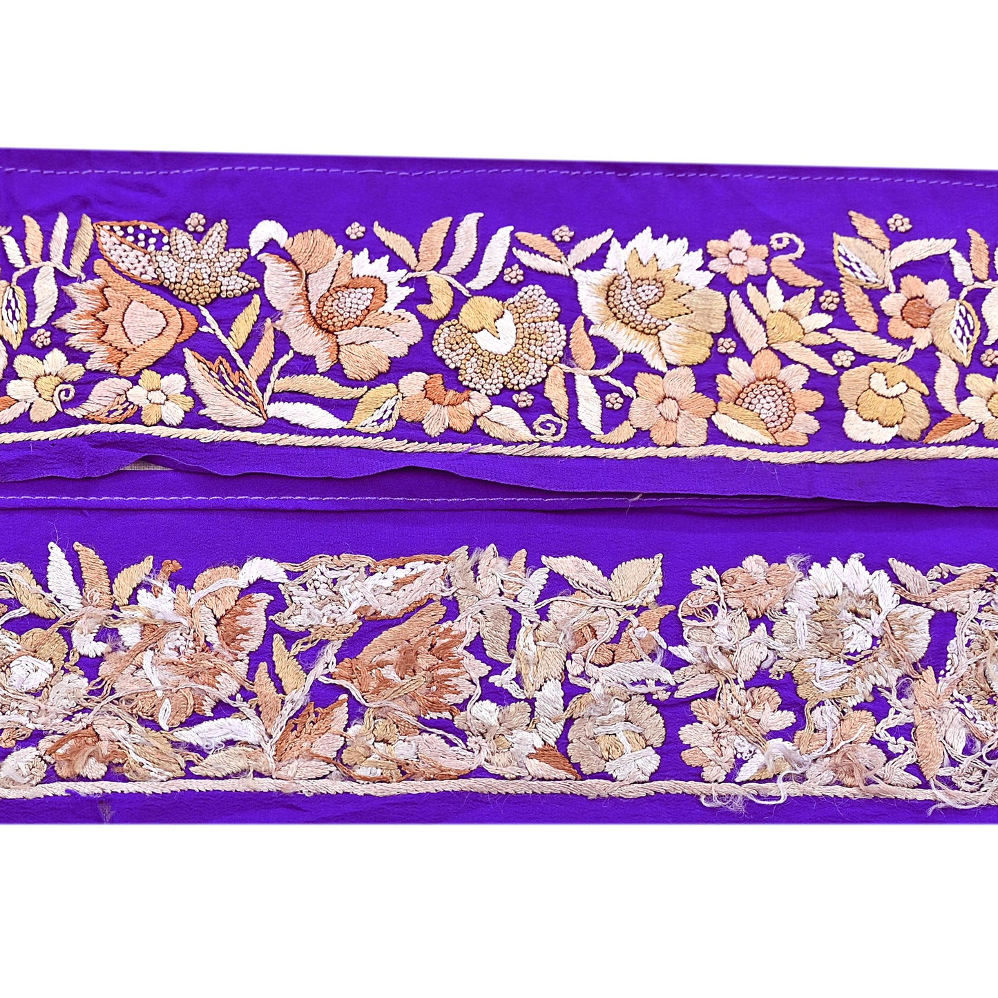 Indian Antique Vintage Real Parsi Gara Border Purple Hand Embroidered Craft Trim Lace Sewing Saree Ribbon Recycled 1yard Pure Crepe Silk