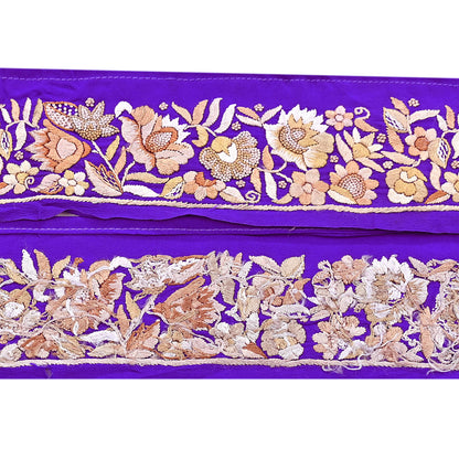 Indian Antique Vintage Real Parsi Gara Border Purple Hand Embroidered Craft Trim Lace Sewing Saree Ribbon Recycled 1yard Pure Crepe Silk