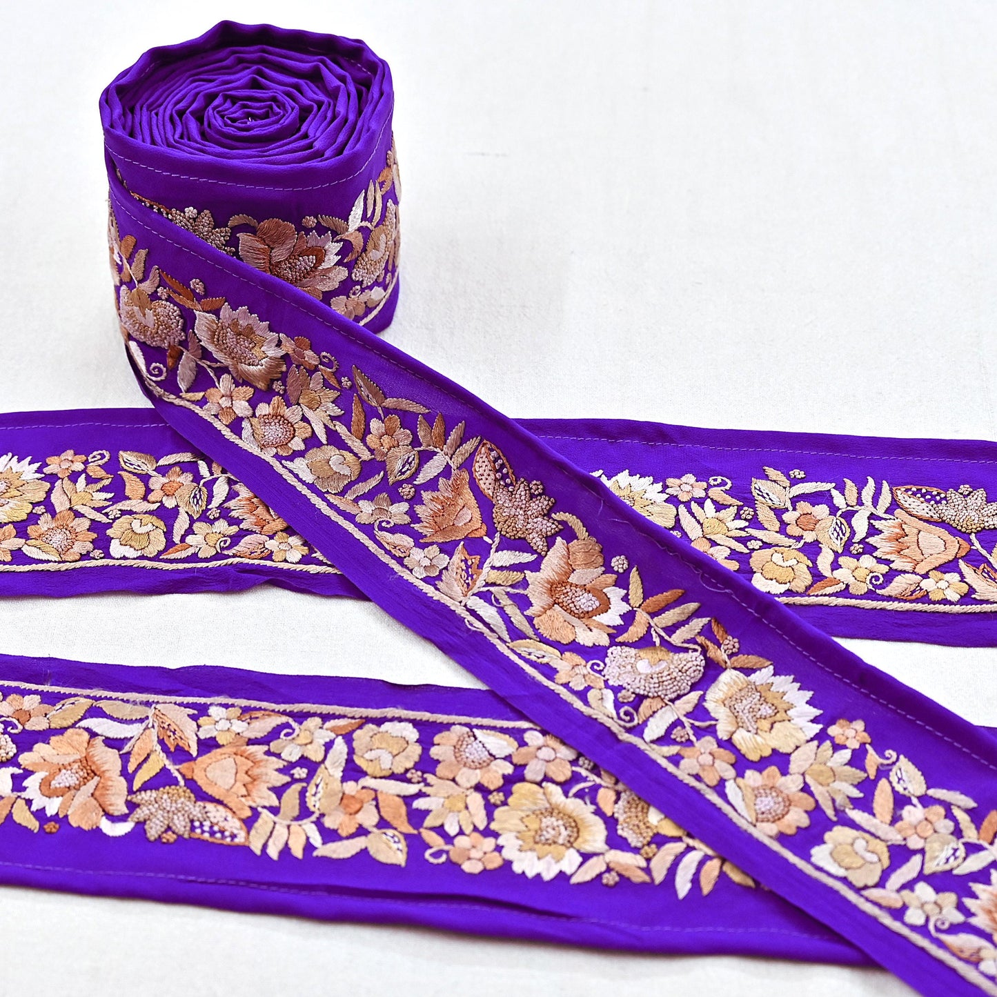 Indian Antique Vintage Real Parsi Gara Border Purple Hand Embroidered Craft Trim Lace Sewing Saree Ribbon Recycled 1yard Pure Crepe Silk