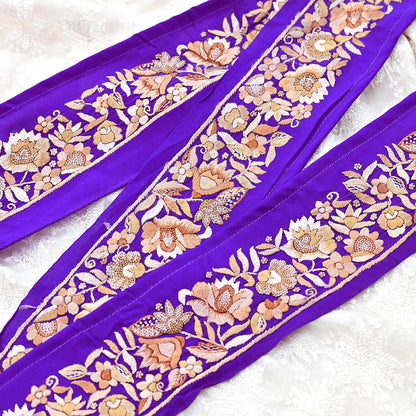 Indian Antique Vintage Real Parsi Gara Border Purple Hand Embroidered Craft Trim Lace Sewing Saree Ribbon Recycled 1yard Pure Crepe Silk