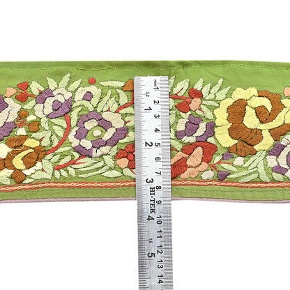 Indian Antique Vintage Real Parsi Gara Border Green Hand Embroidered Craft Trim Lace Sewing Saree Ribbon Recycled 1yard Pure Crepe Silk