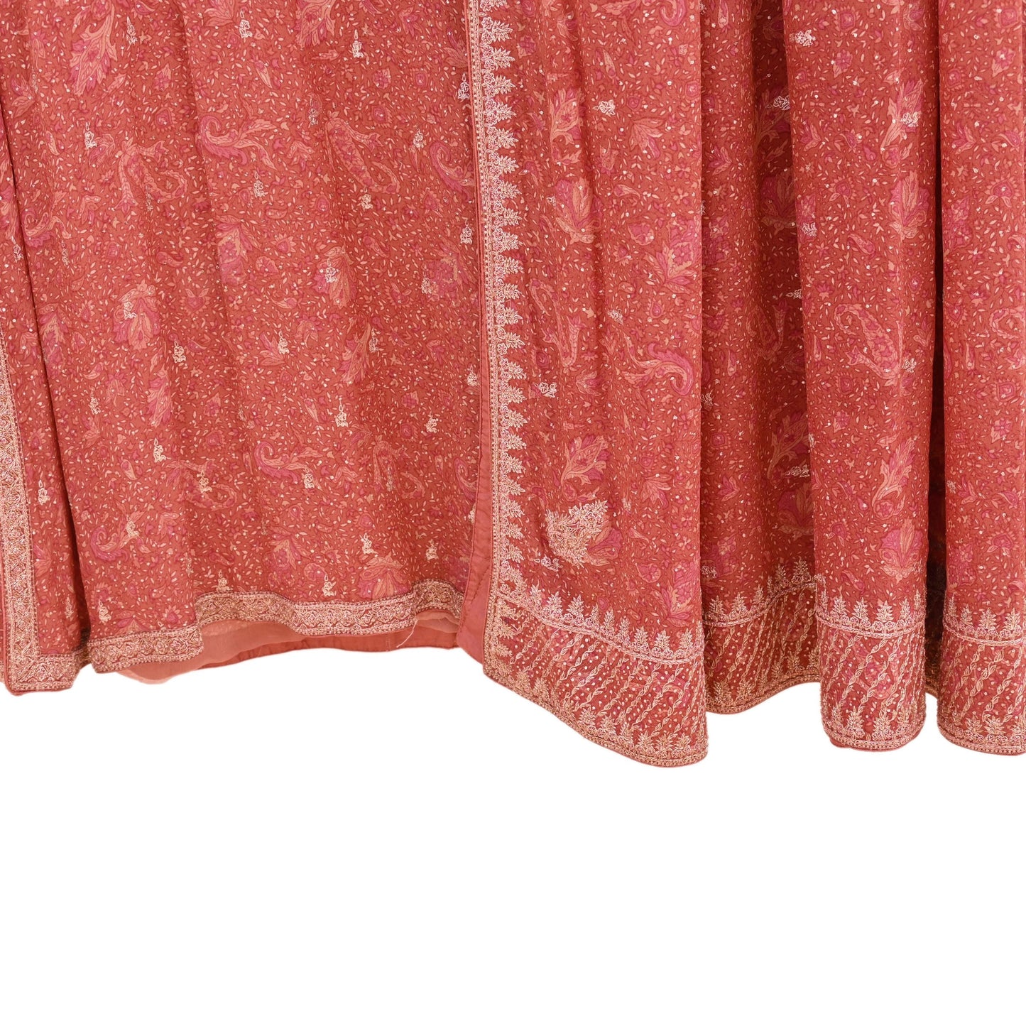 Indian Pre-Owned Peach Pure Silk Hand Embroidered Ritu Kumar Designer 2 Piece Suit Set (Kurta + Dupatta)