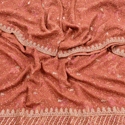 Indian Pre-Owned Peach Pure Silk Hand Embroidered Ritu Kumar Designer 2 Piece Suit Set (Kurta + Dupatta)