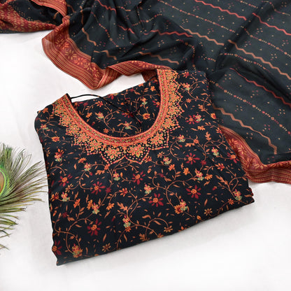 Indian Pre-Owned Black Pure Silk Hand Embroidered Printed Ritu Kumar Designer 2 Piece Suit Set (Kurta + Dupatta)