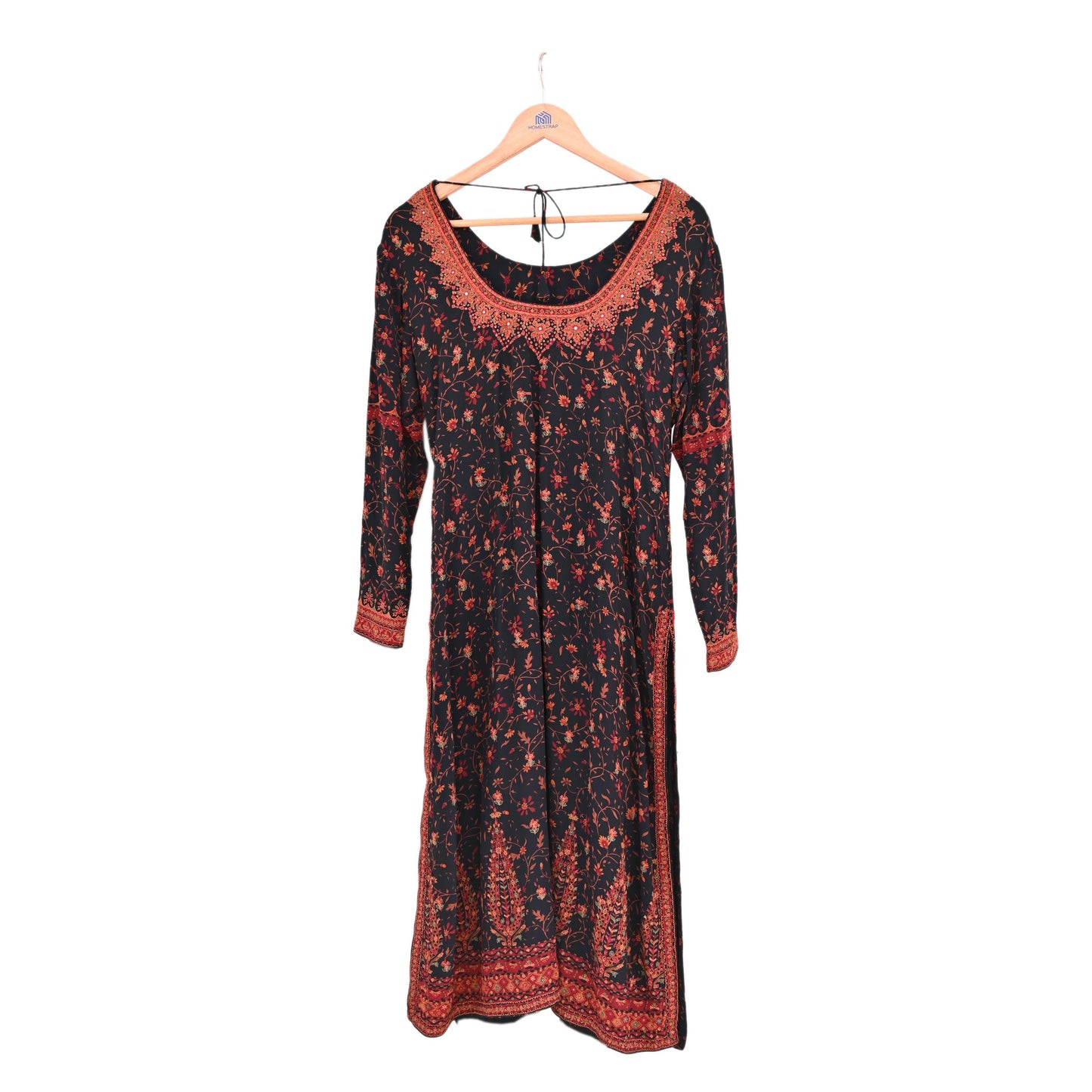 Indian Pre-Owned Black Pure Silk Hand Embroidered Printed Ritu Kumar Designer 2 Piece Suit Set (Kurta + Dupatta)