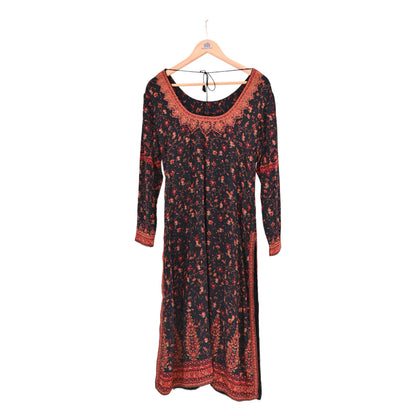 Indian Pre-Owned Black Pure Silk Hand Embroidered Printed Ritu Kumar Designer 2 Piece Suit Set (Kurta + Dupatta)