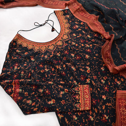 Indian Pre-Owned Black Pure Silk Hand Embroidered Printed Ritu Kumar Designer 2 Piece Suit Set (Kurta + Dupatta)