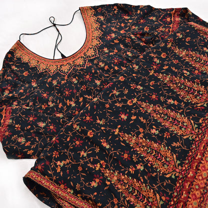 Indian Pre-Owned Black Pure Silk Hand Embroidered Printed Ritu Kumar Designer 2 Piece Suit Set (Kurta + Dupatta)