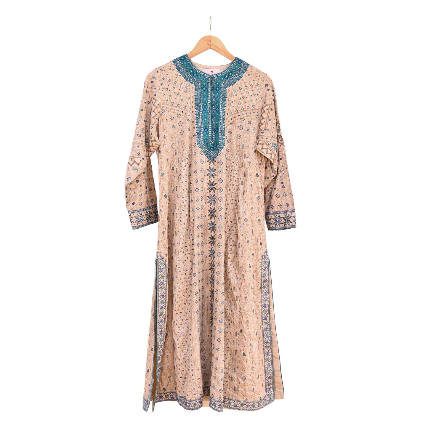 Indian Pre-Owned Vintage Ritu Kumar Beige Khadi Silk Suit Set Hand Embroidered Kurta Salwar Designer Ethnic Festive Wear