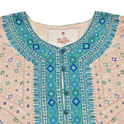 Indian Pre-Owned Vintage Ritu Kumar Beige Khadi Silk Suit Set Hand Embroidered Kurta Salwar Designer Ethnic Festive Wear