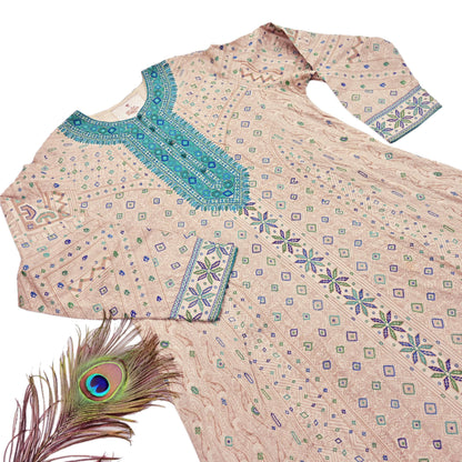 Indian Pre-Owned Vintage Ritu Kumar Beige Khadi Silk Suit Set Hand Embroidered Kurta Salwar Designer Ethnic Festive Wear