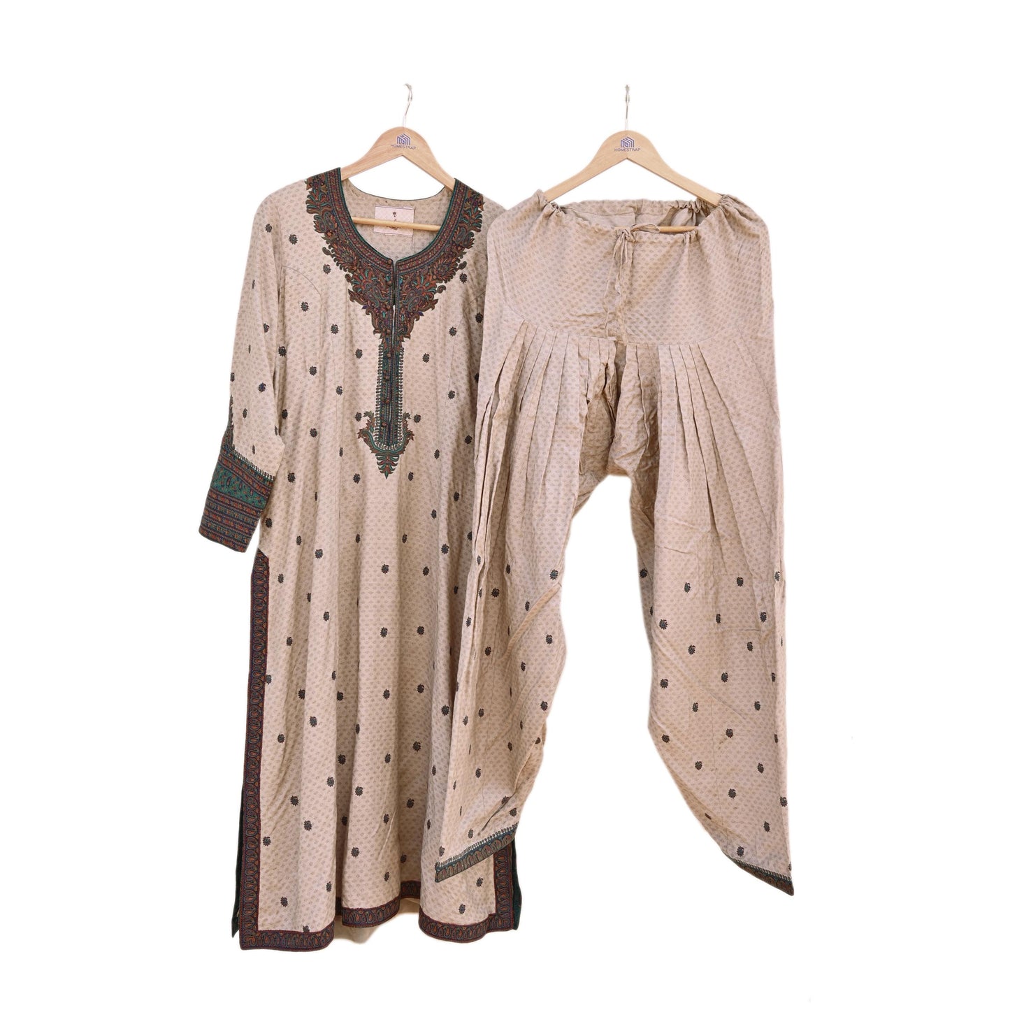 Indian Pre-Owned Vintage Ritu Kumar Beige Khadi Silk Suit Set Hand Embroidered Kurta Salwar Designer Ethnic Festive Wear