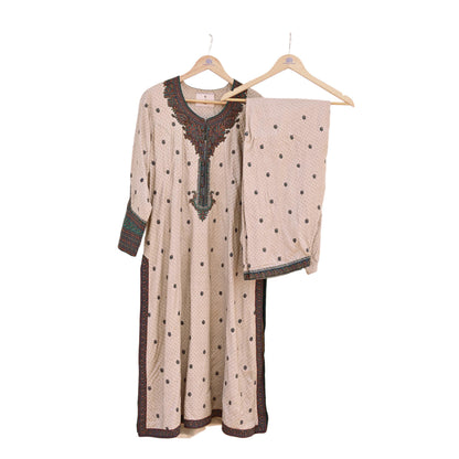 Indian Pre-Owned Vintage Ritu Kumar Beige Khadi Silk Suit Set Hand Embroidered Kurta Salwar Designer Ethnic Festive Wear