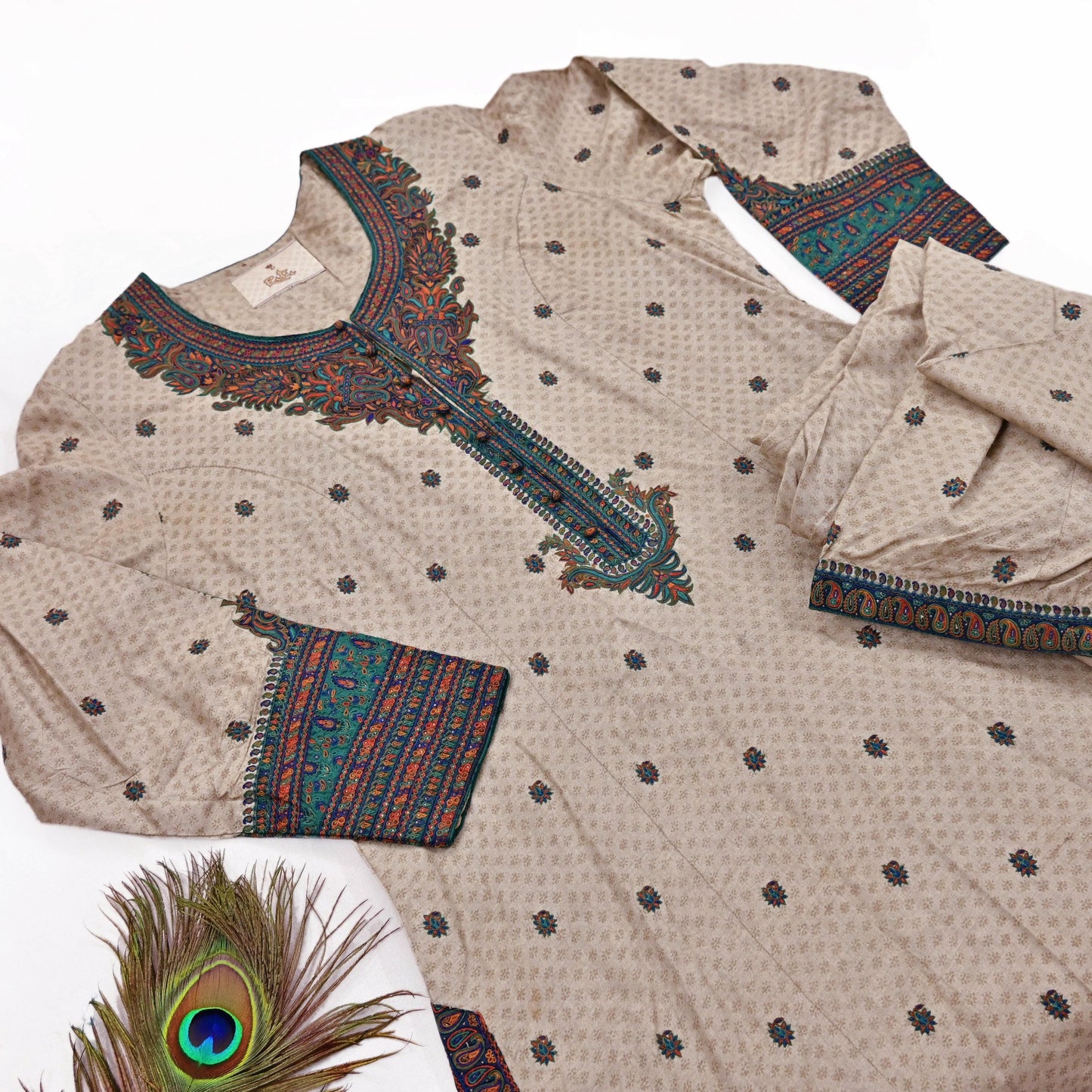Indian Pre-Owned Vintage Ritu Kumar Beige Khadi Silk Suit Set Hand Embroidered Kurta Salwar Designer Ethnic Festive Wear