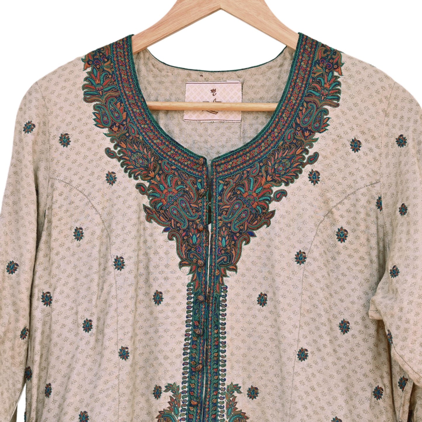 Indian Pre-Owned Vintage Ritu Kumar Beige Khadi Silk Suit Set Hand Embroidered Kurta Salwar Designer Ethnic Festive Wear