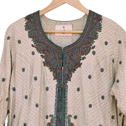 Indian Pre-Owned Vintage Ritu Kumar Beige Khadi Silk Suit Set Hand Embroidered Kurta Salwar Designer Ethnic Festive Wear