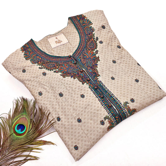 Indian Pre-Owned Vintage Ritu Kumar Beige Khadi Silk Suit Set Hand Embroidered Kurta Salwar Designer Ethnic Festive Wear