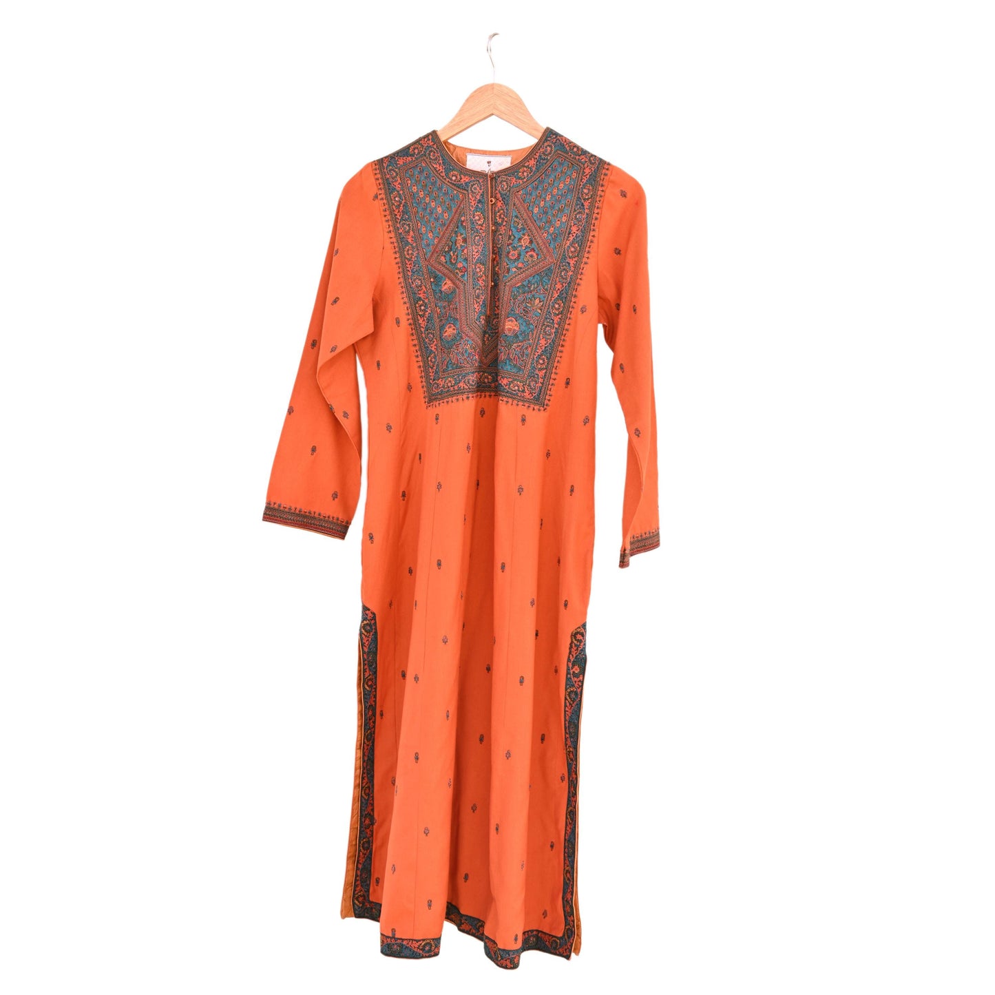 Indian Vintage Ritu Kumar Orange Pure Silk Long Kurta Hand Embroidered Designer Ethnic Festive Party Wear Tunic