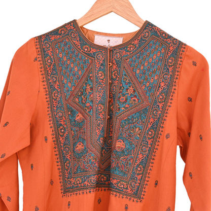 Indian Vintage Ritu Kumar Orange Pure Silk Long Kurta Hand Embroidered Designer Ethnic Festive Party Wear Tunic