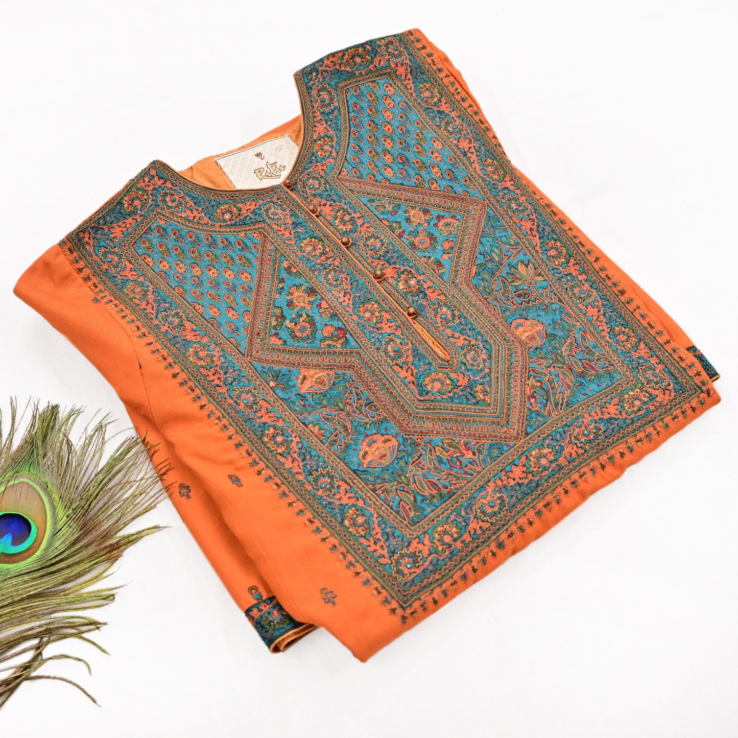 Indian Vintage Ritu Kumar Orange Pure Silk Long Kurta Hand Embroidered Designer Ethnic Festive Party Wear Tunic