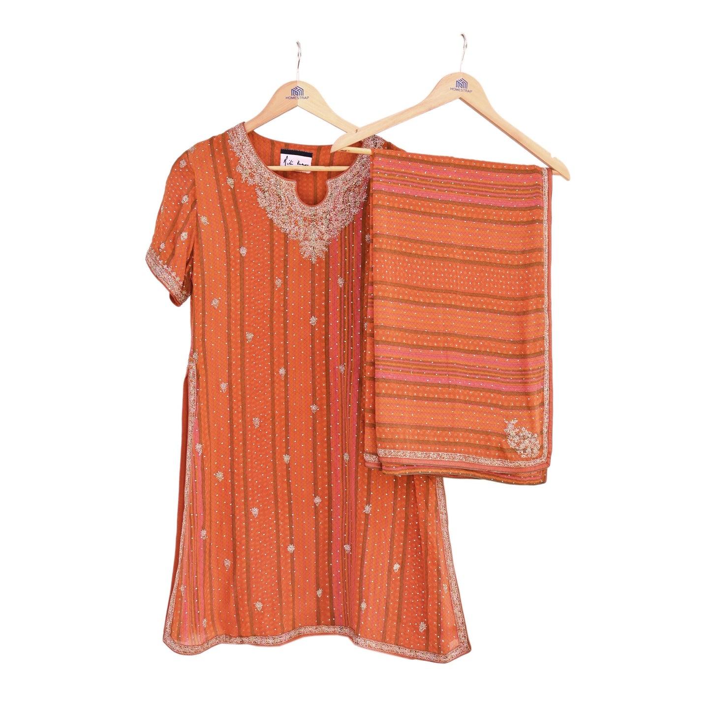 Indian Pre-Owned Saffron & Orange Pure Silk Hand Embroidered Ritu Kumar Designer 2 Piece Suit Set (Kurta + Dupatta)
