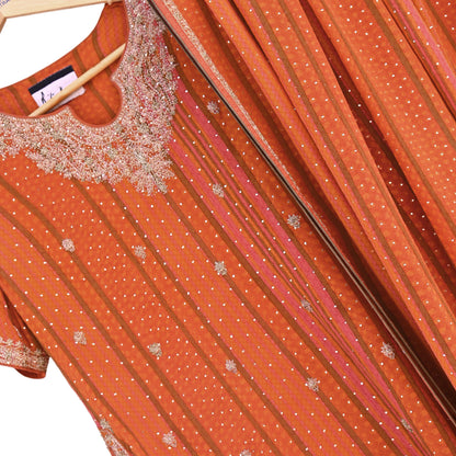 Indian Pre-Owned Saffron & Orange Pure Silk Hand Embroidered Ritu Kumar Designer 2 Piece Suit Set (Kurta + Dupatta)