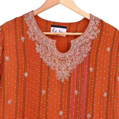Indian Pre-Owned Saffron & Orange Pure Silk Hand Embroidered Ritu Kumar Designer 2 Piece Suit Set (Kurta + Dupatta)