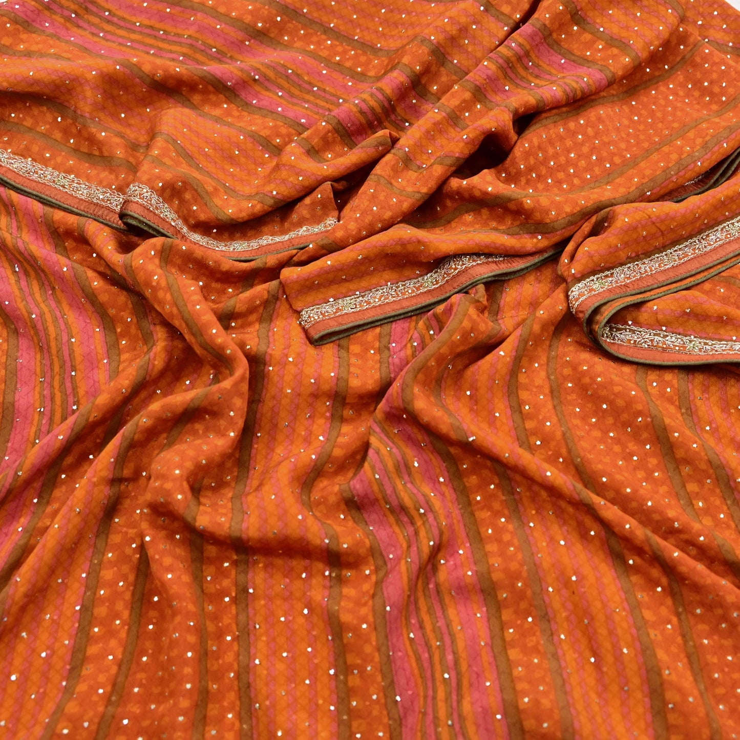 Indian Pre-Owned Saffron & Orange Pure Silk Hand Embroidered Ritu Kumar Designer 2 Piece Suit Set (Kurta + Dupatta)