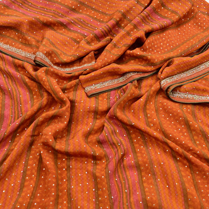 Indian Pre-Owned Saffron & Orange Pure Silk Hand Embroidered Ritu Kumar Designer 2 Piece Suit Set (Kurta + Dupatta)