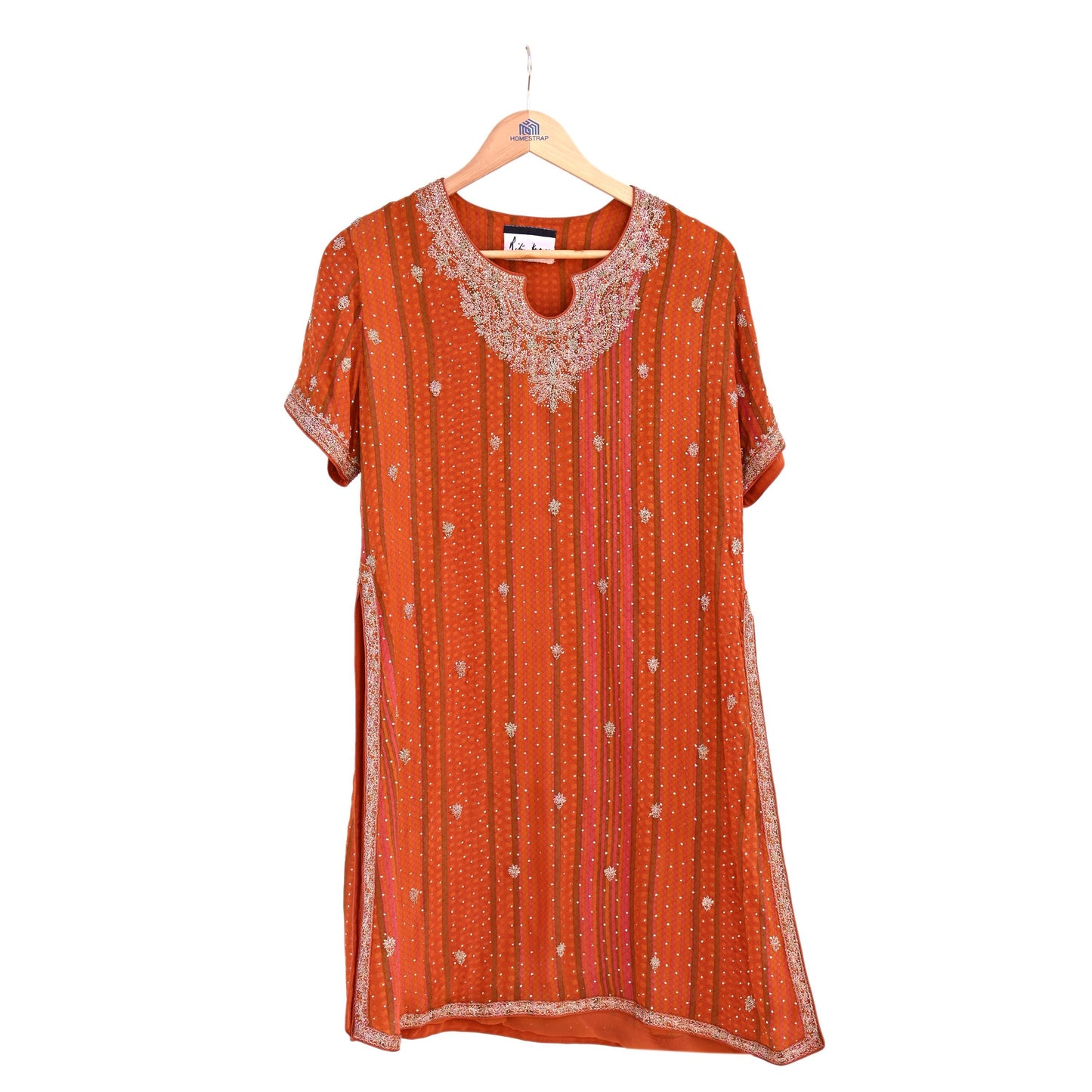 Indian Pre-Owned Saffron & Orange Pure Silk Hand Embroidered Ritu Kumar Designer 2 Piece Suit Set (Kurta + Dupatta)