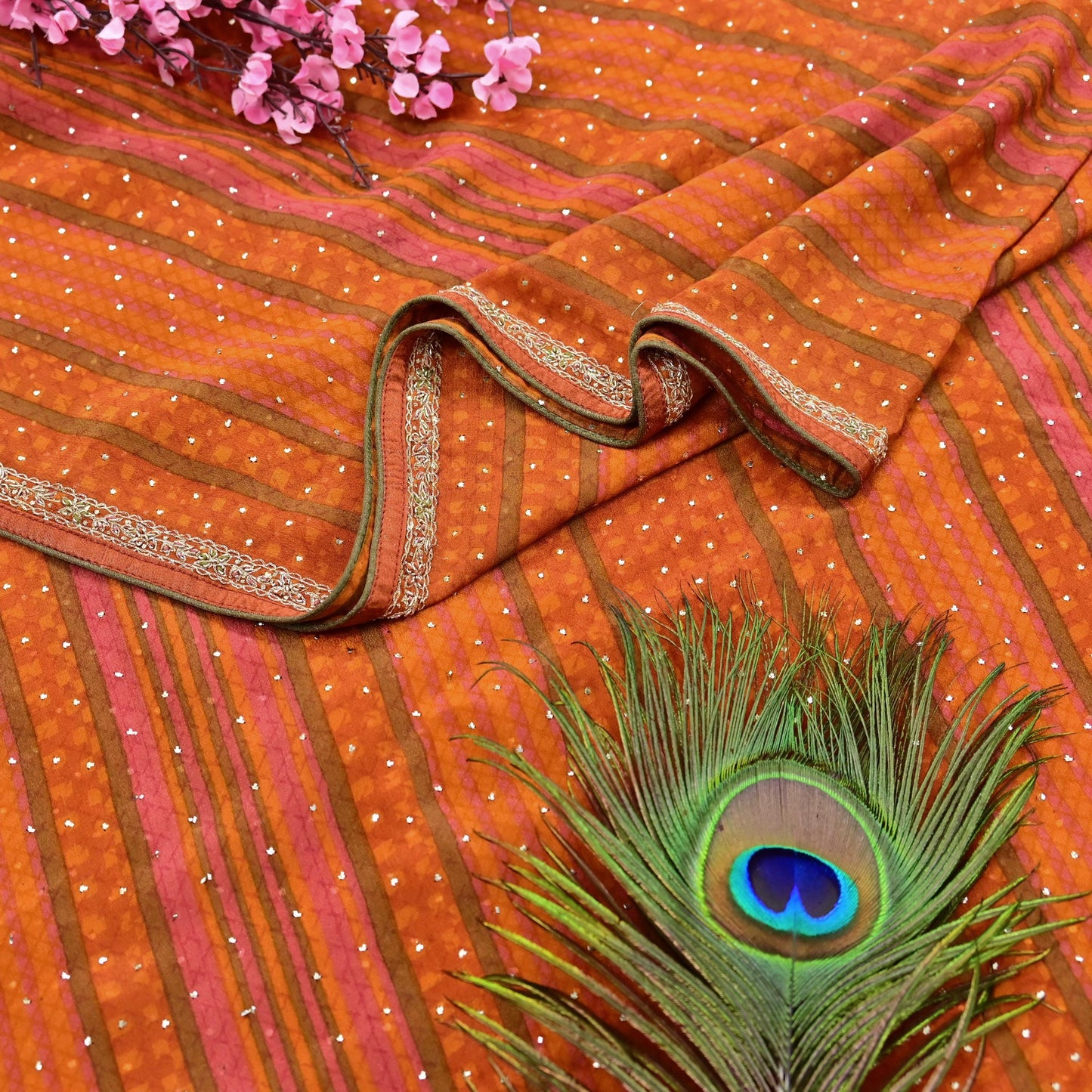 Indian Pre-Owned Saffron & Orange Pure Silk Hand Embroidered Ritu Kumar Designer 2 Piece Suit Set (Kurta + Dupatta)