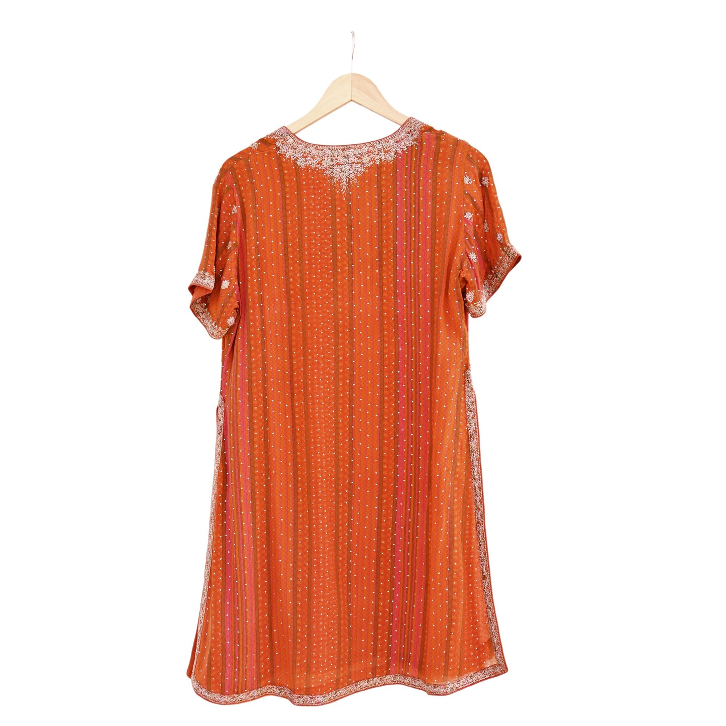 Indian Pre-Owned Saffron & Orange Pure Silk Hand Embroidered Ritu Kumar Designer 2 Piece Suit Set (Kurta + Dupatta)