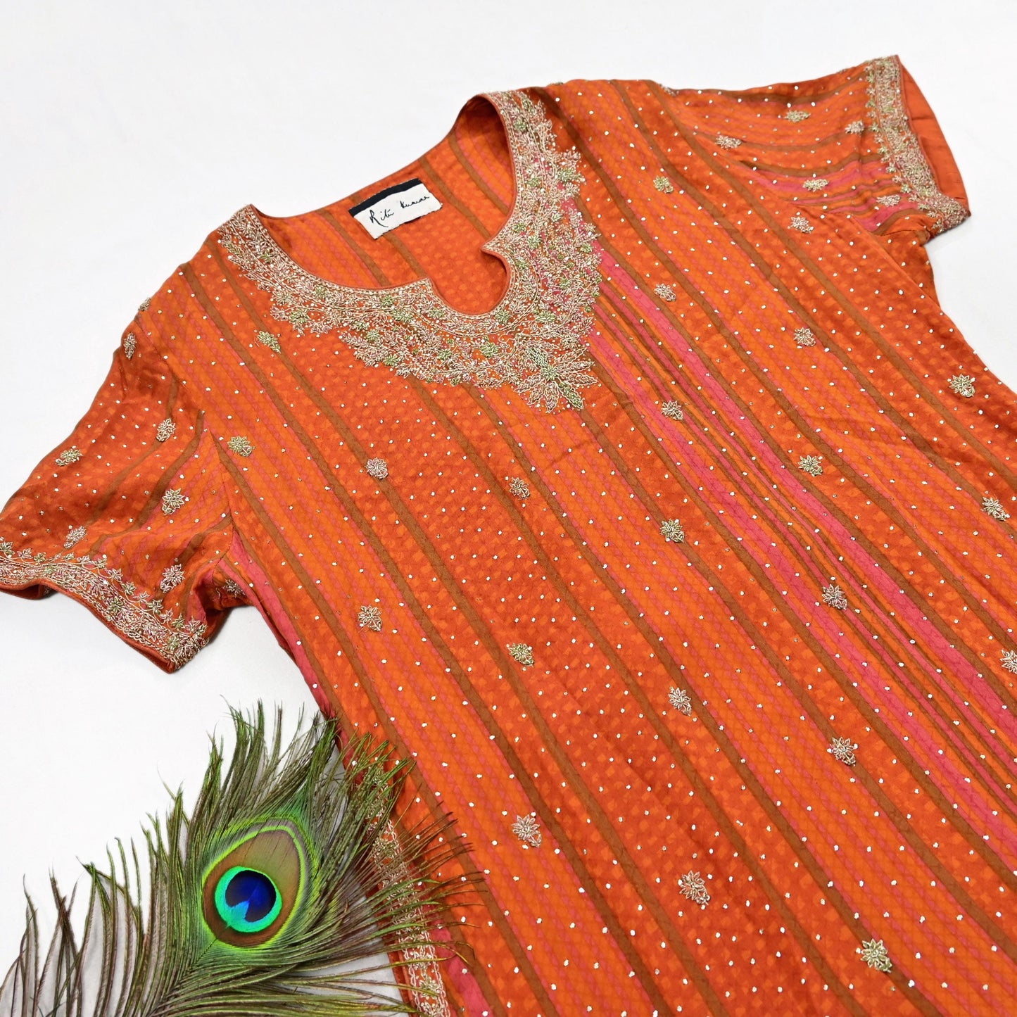 Indian Pre-Owned Saffron & Orange Pure Silk Hand Embroidered Ritu Kumar Designer 2 Piece Suit Set (Kurta + Dupatta)