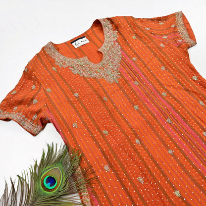 Indian Pre-Owned Saffron & Orange Pure Silk Hand Embroidered Ritu Kumar Designer 2 Piece Suit Set (Kurta + Dupatta)
