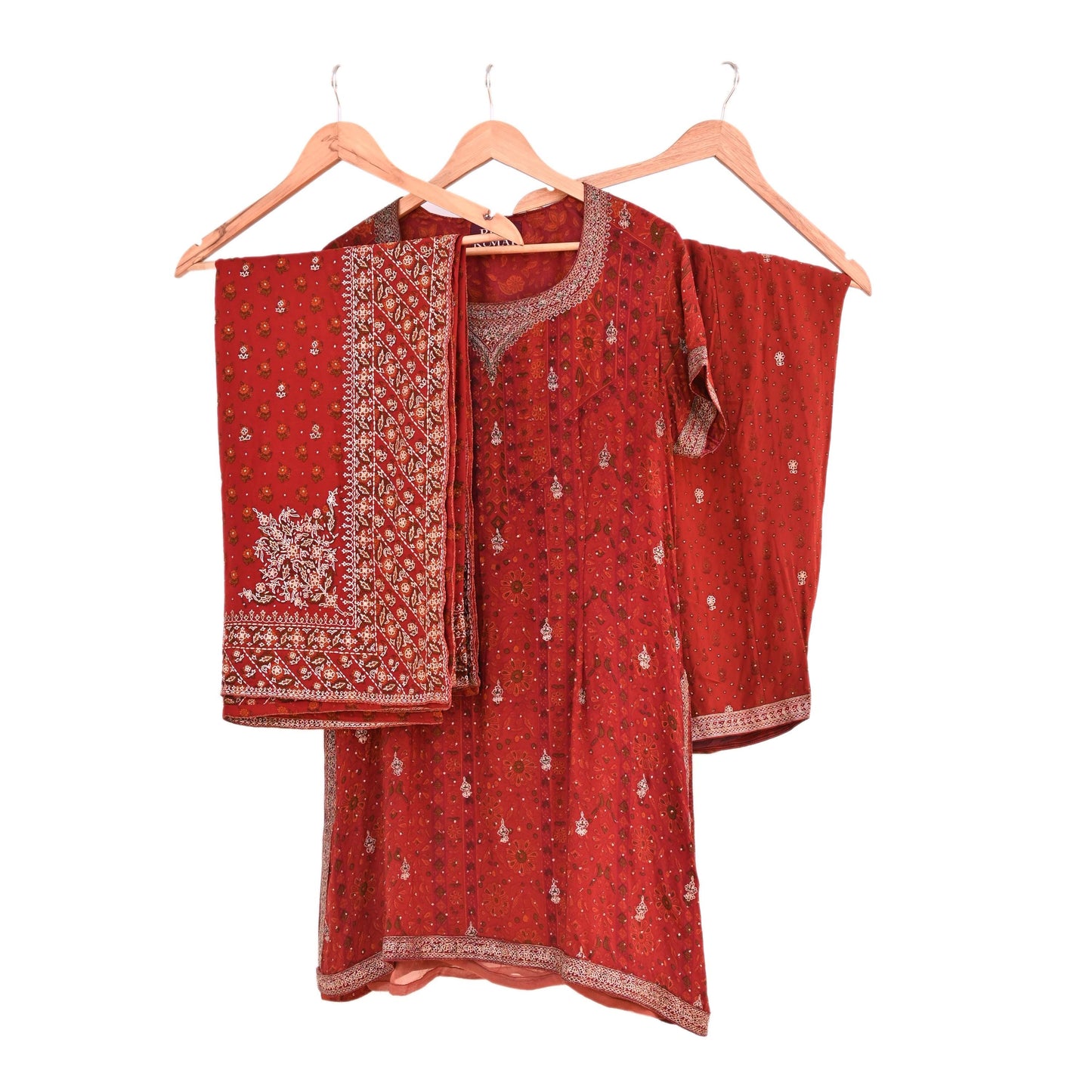 Indian Pre-Owned Rusty Red Pure Silk Hand Embroidered Ritu Kumar Designer 3 Piece Suit Set (Kurta + Dupatta + Salwar)