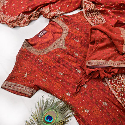 Indian Pre-Owned Rusty Red Pure Silk Hand Embroidered Ritu Kumar Designer 3 Piece Suit Set (Kurta + Dupatta + Salwar)