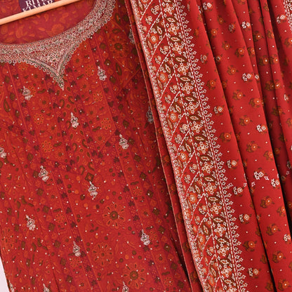 Indian Pre-Owned Rusty Red Pure Silk Hand Embroidered Ritu Kumar Designer 3 Piece Suit Set (Kurta + Dupatta + Salwar)