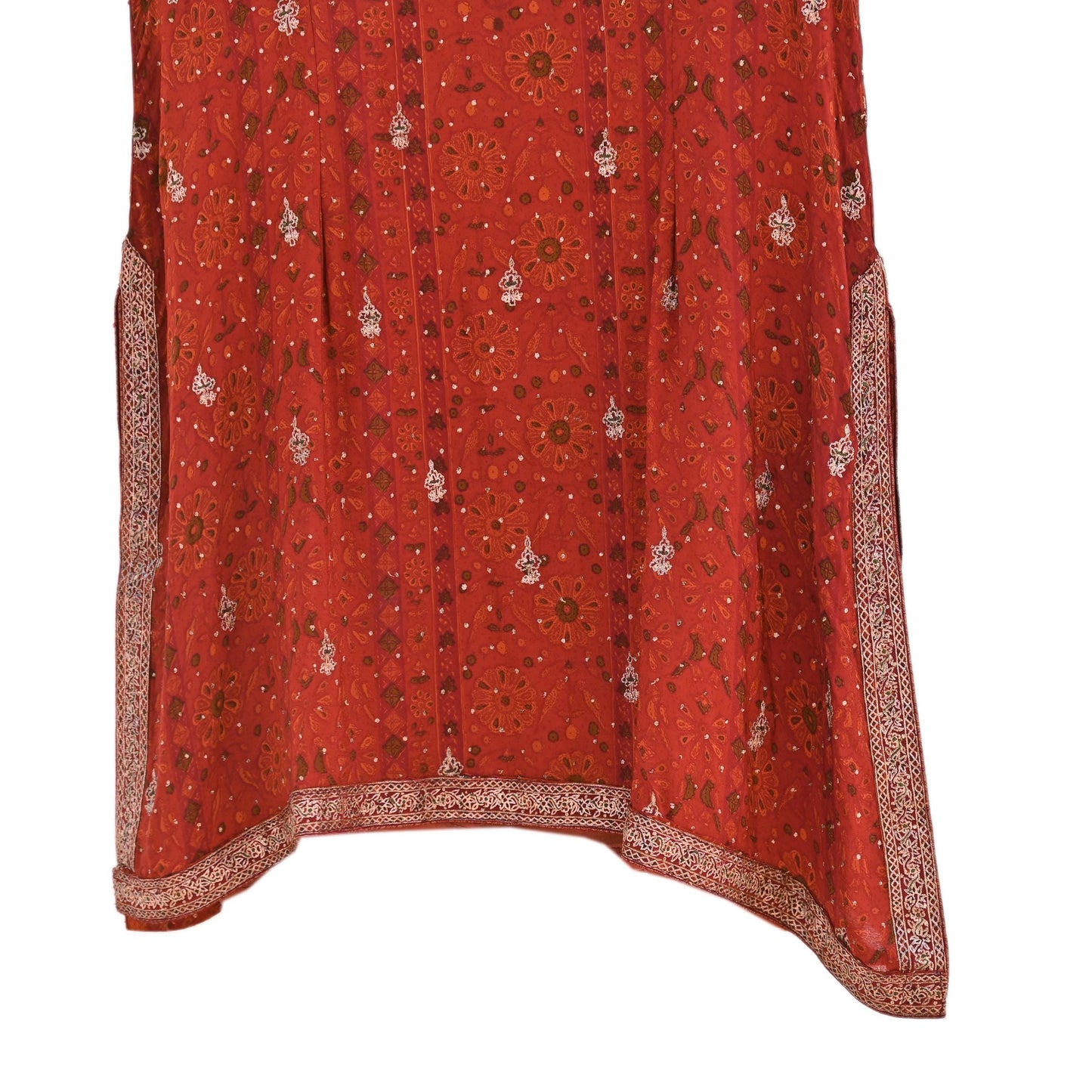 Indian Pre-Owned Rusty Red Pure Silk Hand Embroidered Ritu Kumar Designer 3 Piece Suit Set (Kurta + Dupatta + Salwar)
